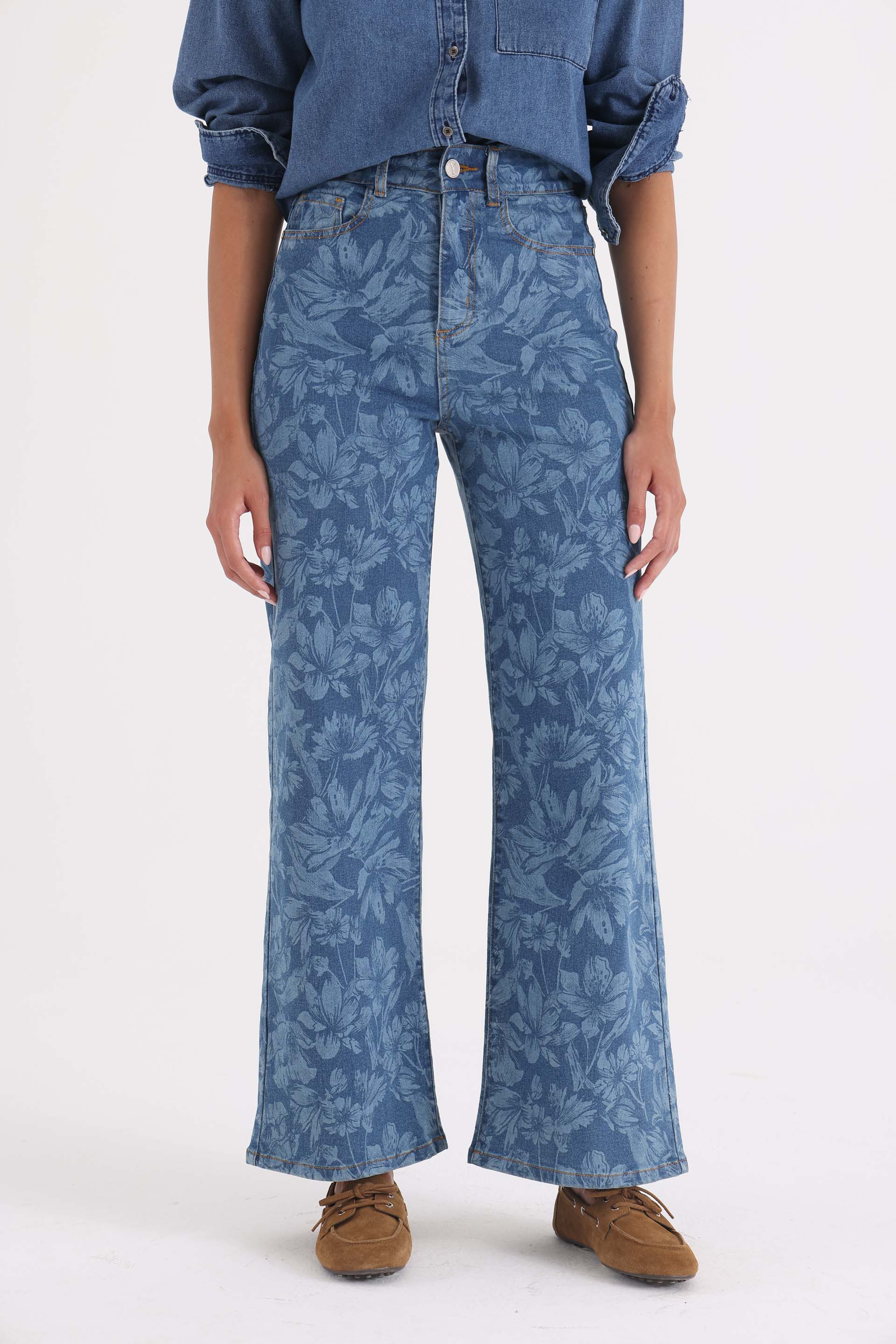 wide leg tiro alto print azul medio
