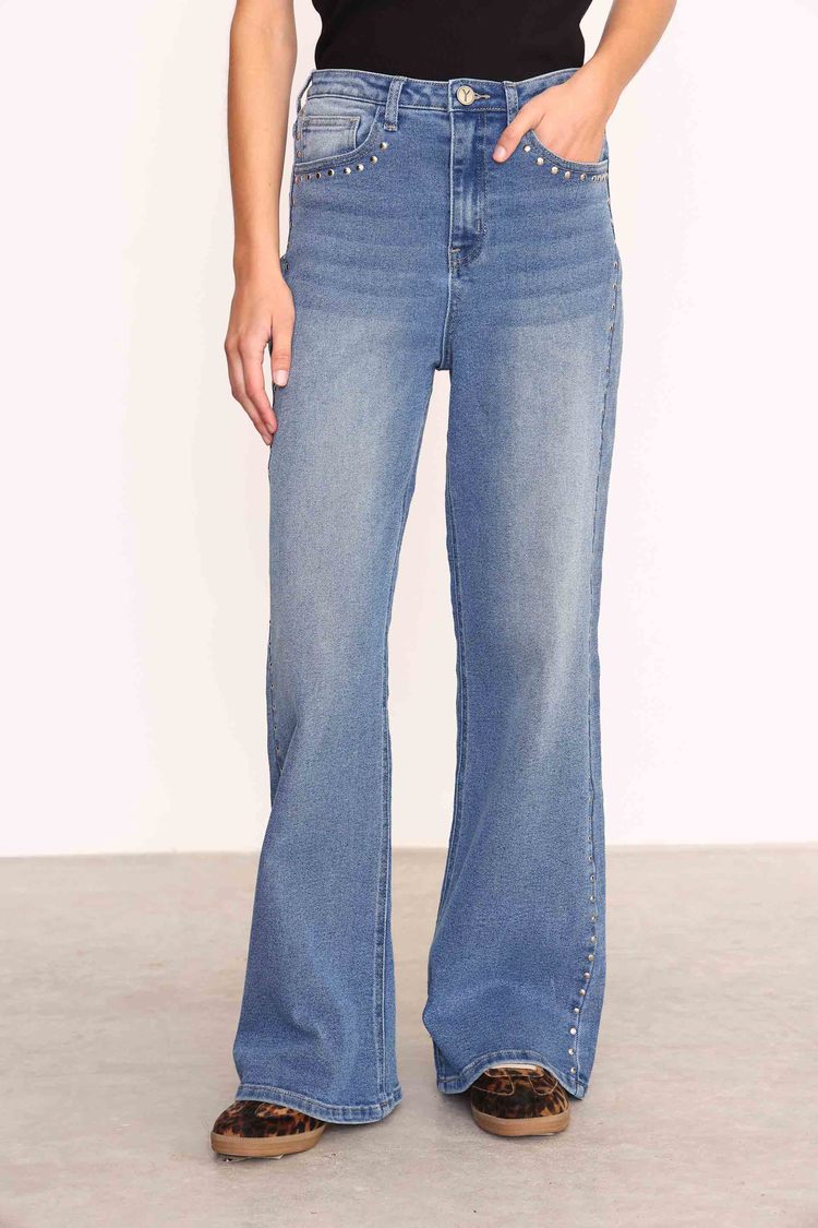 Y005 WIDE LEG T.ALTO TACHAS AZUL