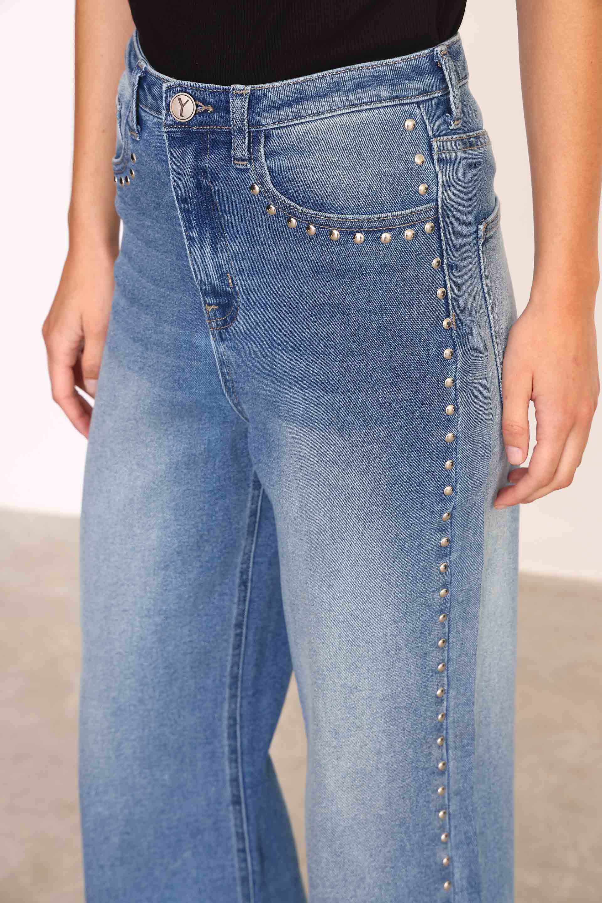 Y005 WIDE LEG T.ALTO TACHAS AZUL