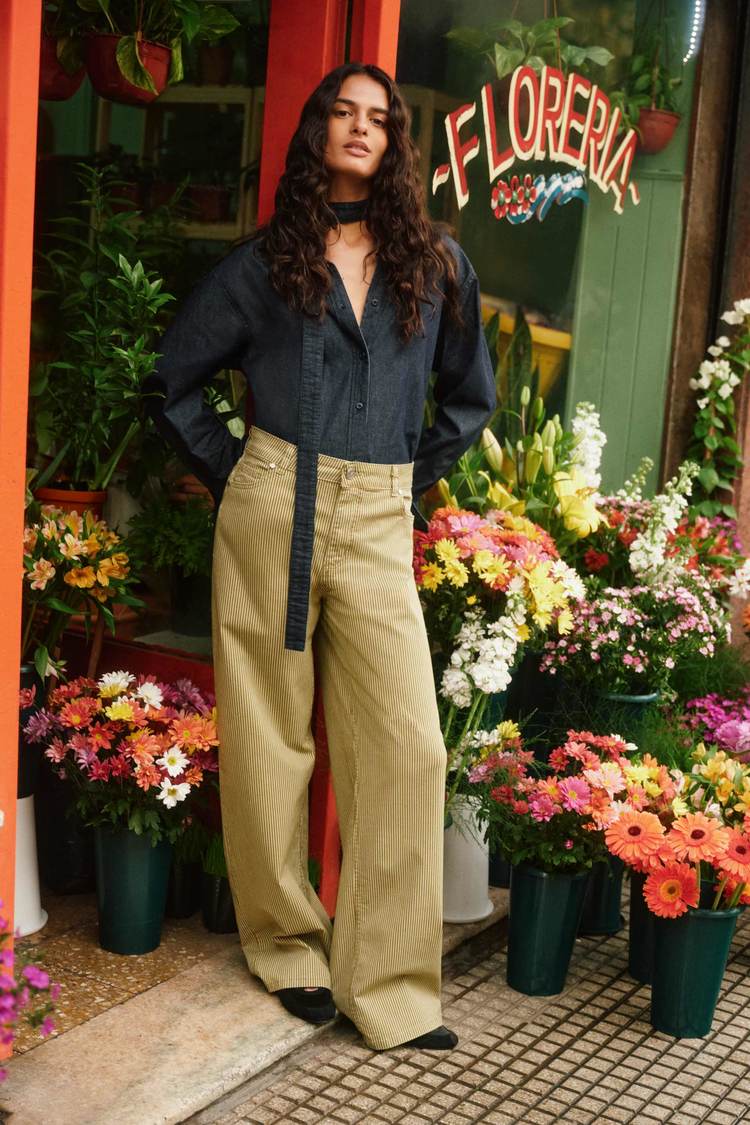 JEAN WIDE LEG TIRO ALTO RAYADOVERDE SECO